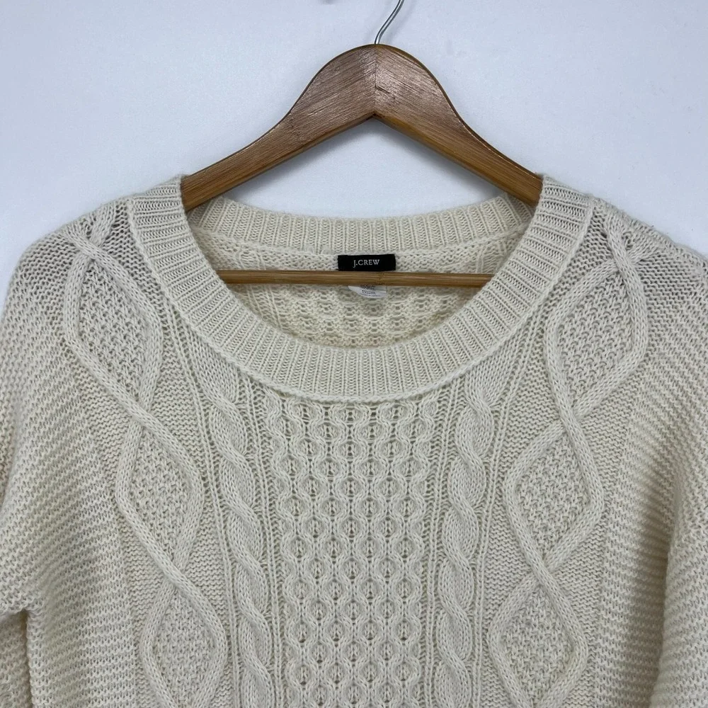 J. Crew Women Cream Ivory Cable Knit Wool Mohair Blend Crewneck Sweater Size S